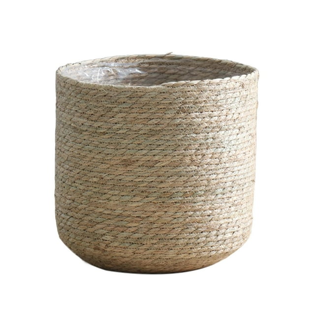 Cesta tejida para macetas de gran capacidad con forro de plástico, cesta de almacenamiento para macetas. Medio