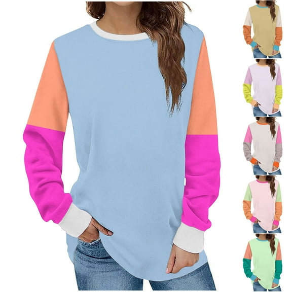 HAPIMO Women's Fashion Color Block Tops Long Sleeve Sweatshirts Outfits Loose Shirts Vacation Round Neck Pullovers Casual Dressy Tunic Workout Beige L