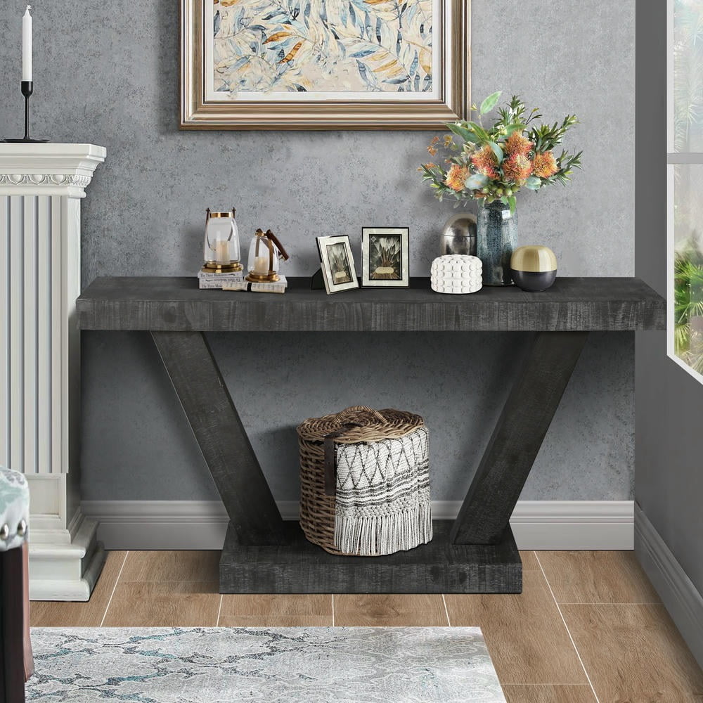 Barara King Console Table, Entryway Table, Console Sofa Table, Display Shelf,60" Entryway Bench with 2-Tier Solid Wood Veneer Storage Cabinet, Antique Black