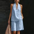 thumbnail image 2 of Women's 2 Piece Short Sets Linen Sleeve V Neck Halter Matching Short Suit Summer Casual Oversized Outfits Light Blue XL(XL), 2 of 6