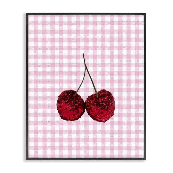 Stupell Industries Glitter Cherry on Pink Gingham Black Framed Giclee Art, design by LISH Creative