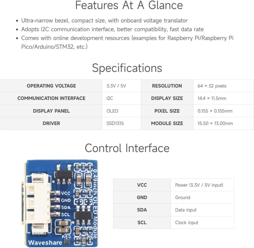 0.49inch OLED Display Module, Compatible with 5, 64×32 Resolution, I2C Communication, Black/White Display Color