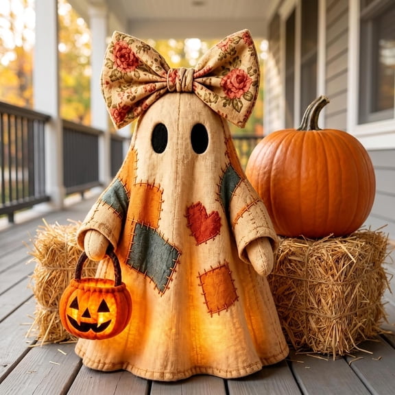 Halloween Indoor Decorations - Lighted Vintage Patchwork Ghost, Rustic Fall Figurine, Light Up Ghost with Pumpkin Lantern Vintage Halloween Decor, Patchwork Ghost Lamp for Table Mantel Shelf