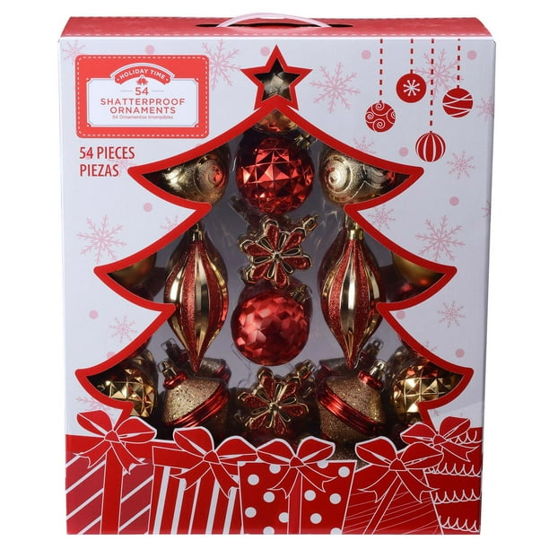 Holiday Time Shatterproof Ornament Box Set, Red & Gold, 54 Count