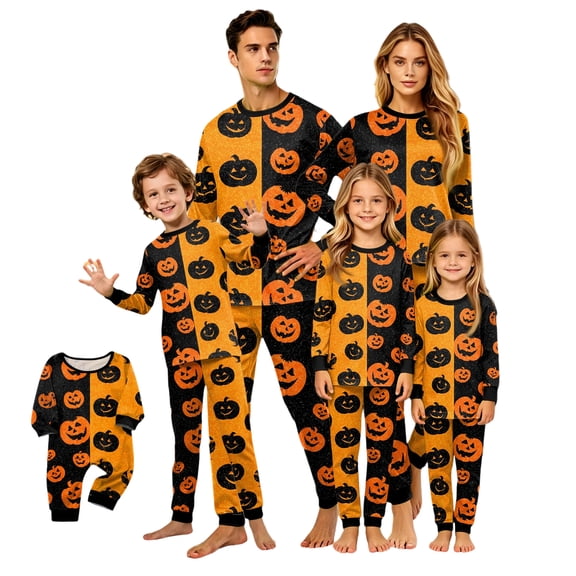 Halloween Pajamas, Halloween Pajamas for Family, Pumpkin Matching Family Pajamas Yellow Black Pumpkin Print Long Sleeve Two Piece Pj Set Fun Sleepwear Nightwear Loungewear Novelty Casual Photos