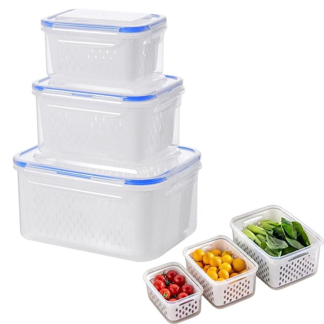 4 In 1 Food Storage Container, Fruit Saver Storage Containers for Fridge, Stackable Fruit Berry Containers with Lid & Removable Colander, Long-Term Freshness, Dishwasher Safe