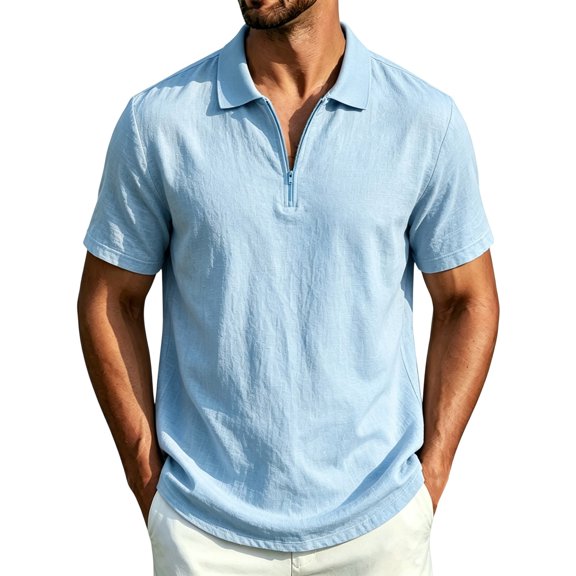 JTSRKL Mens Linen Short Sleeve Shirts Zip Collared Solid Lightweight Breathable Casual Tees Summer Business Vintage Relaxed Fit Tops Sky Blue L