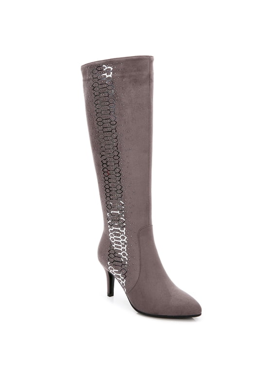 Women's Slouch Tall Boots Kitten Heels Rhinestone Glitter Adult Grey 10