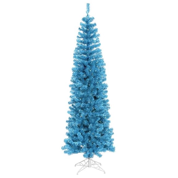 Sky Blue Pencil Dura-Lit Christmas Tree with Teal Lights, 6.5 ft. x 27 in.