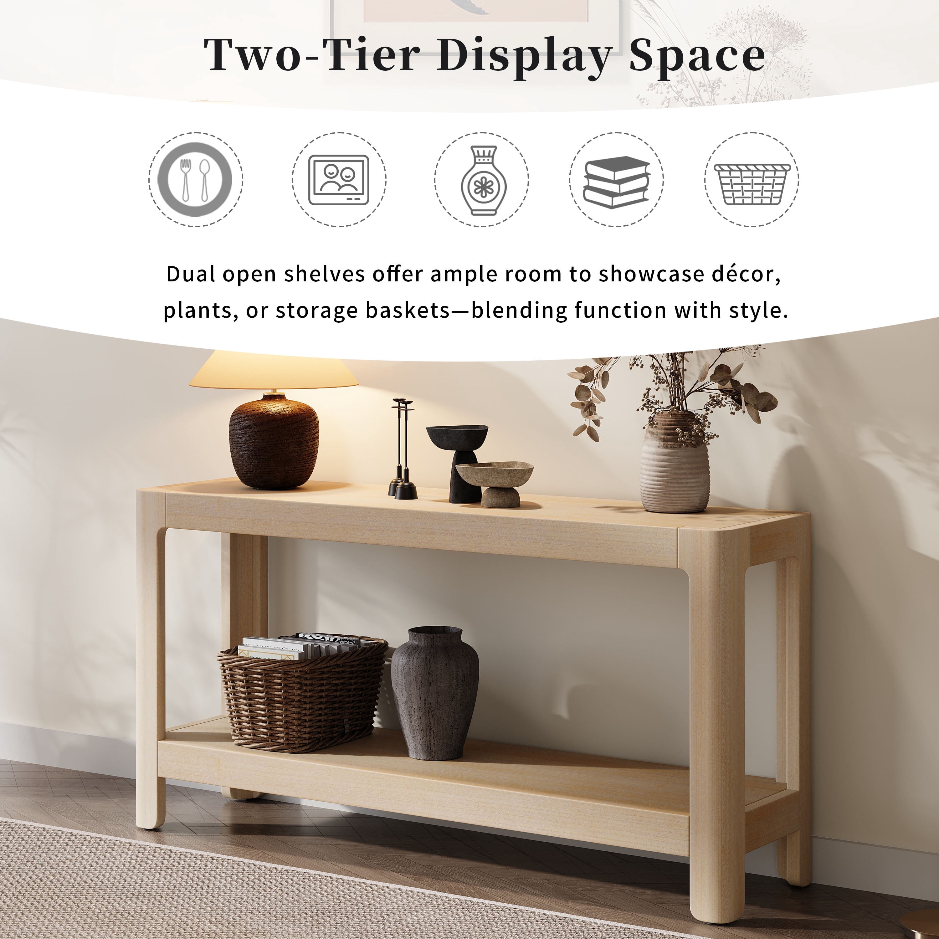 Euroco 59-Inch Narrow Long Console Table,Farmhouse Wood Entryway Table with 2-Tier Shelves for Living Room,Hallway,Entrance, Foyer, Behind Couch,Natural