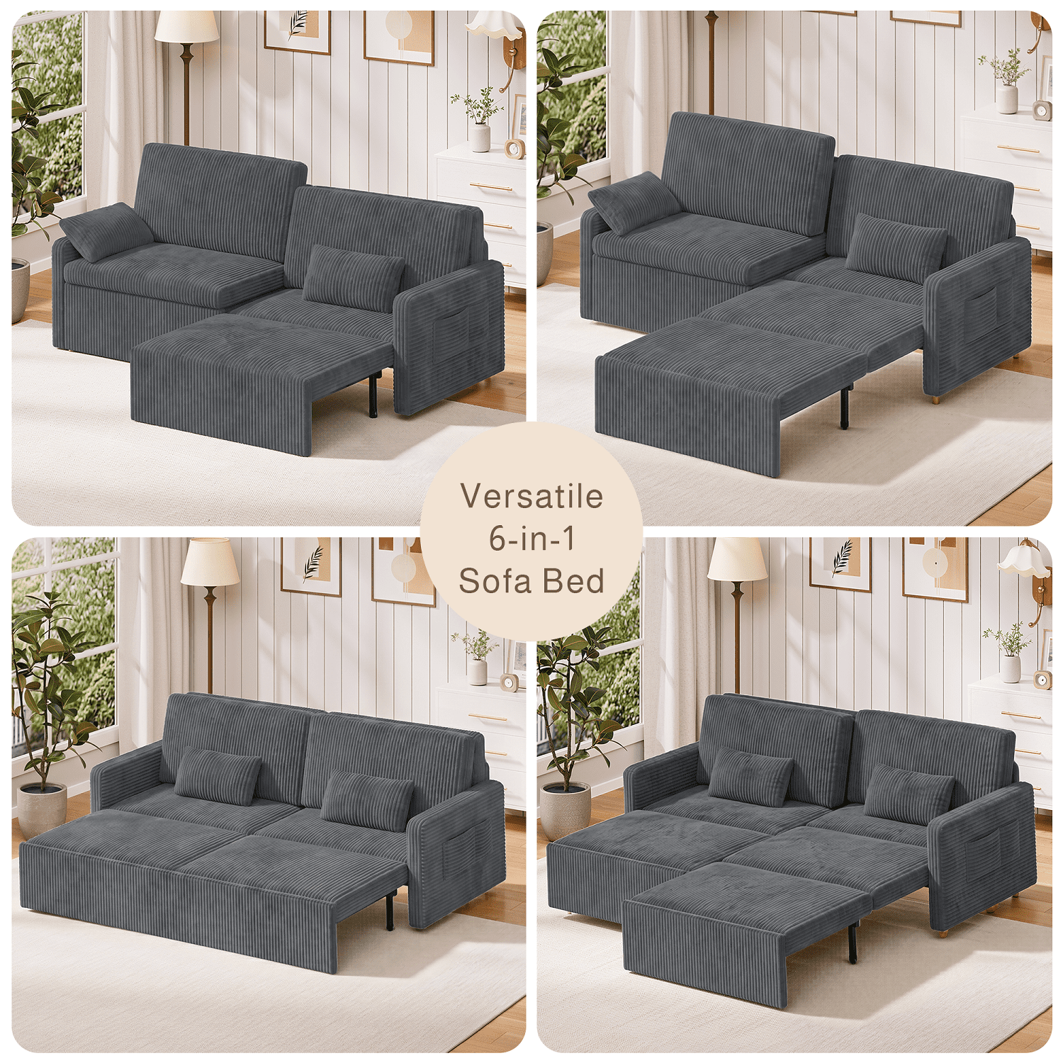78"W 6 in 1 Convertible  Sofa Bed, Lofka Big Corduroy Sleeper Pull Out Couch with 23.6" Extra Deep Seat, 600 lbs Heavy Duty Metal Frame, Dark Gray