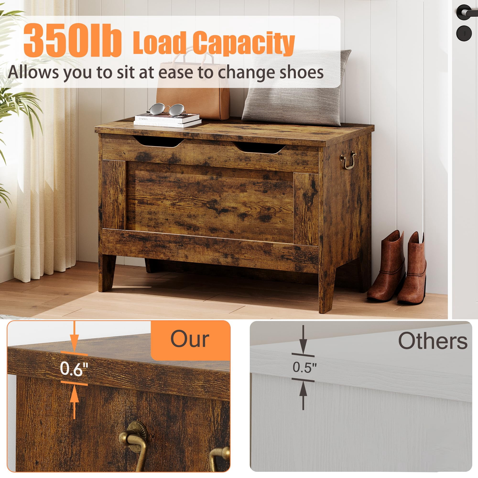 Huisuilinss Storage Bench,24.8” Retro Wooden Storage Chest with U-Shaped Cut-Out Pull, Safety Hinge, Supports 350 lb and Easy Assembly for Toy Box Organizer