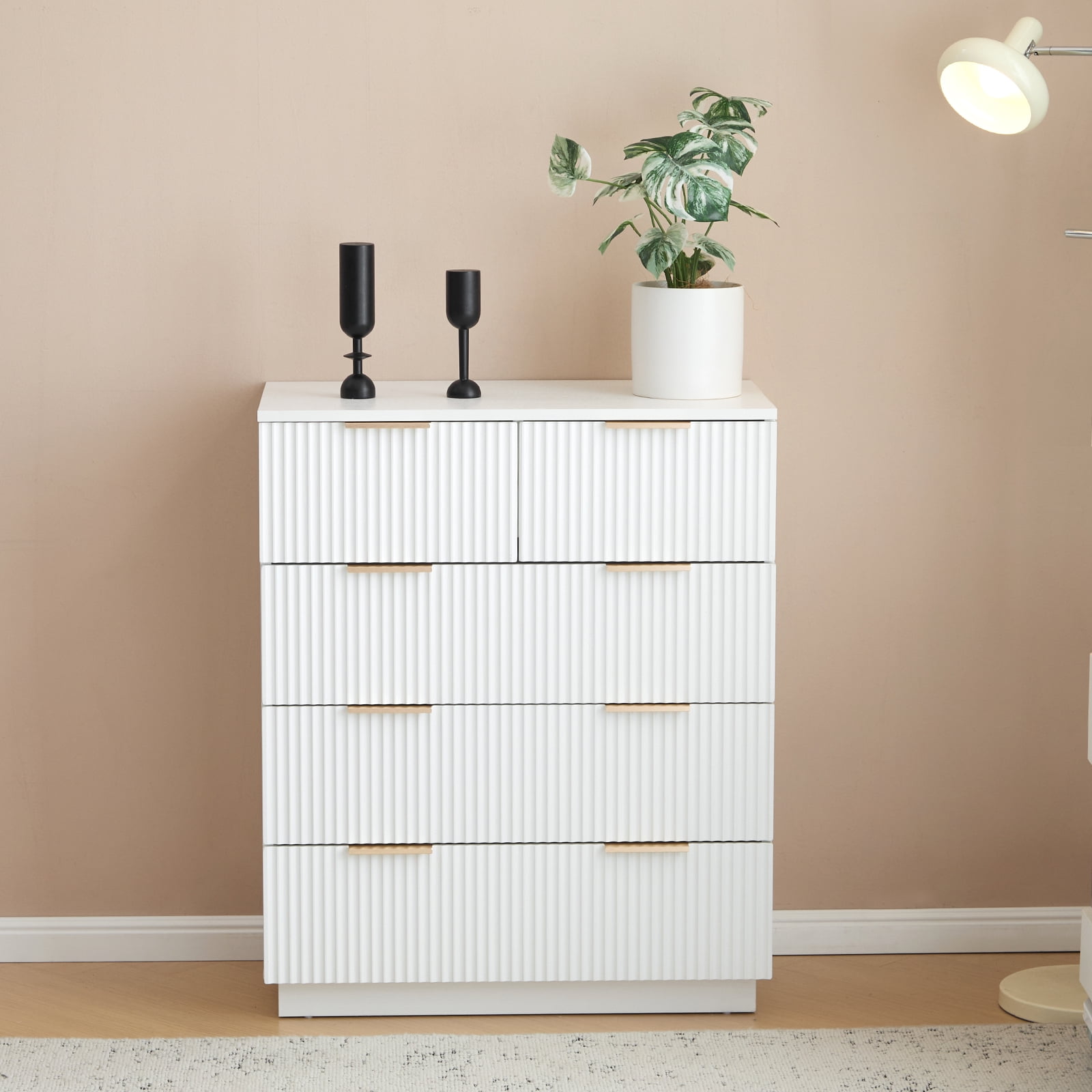 UBesGoo Fluted 5 Drawers Dresser Large Modern Chest of Drawers Dresser TV Stand, Drawer Organizer Cabinet for Living Room, Hallway, White