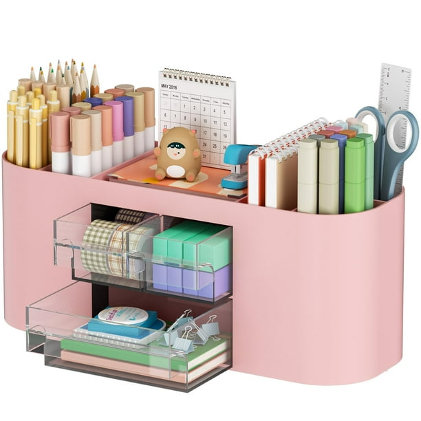 Organizador de escritorio Marbrasse con 3 cajones y 7 compartimentos, color rosa
