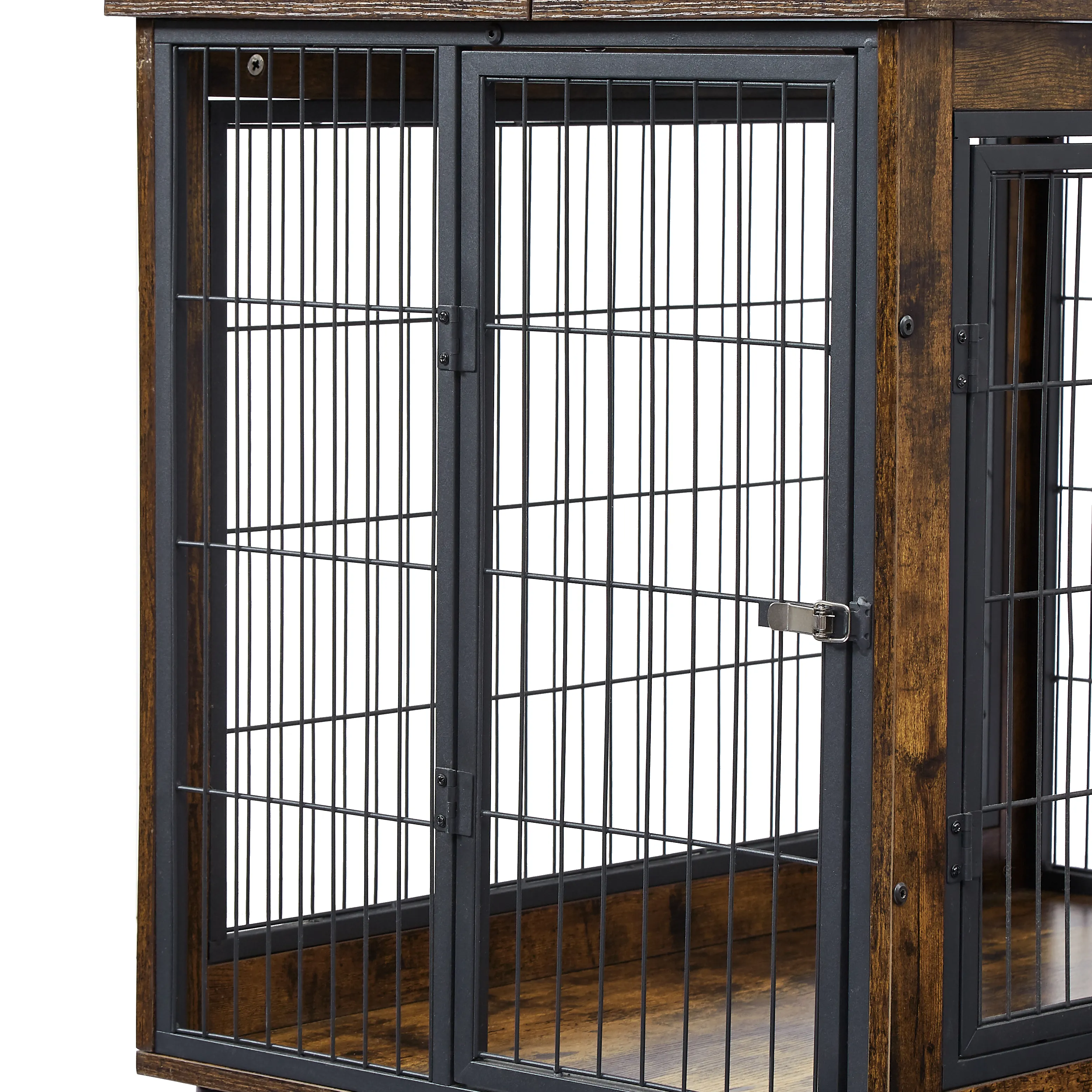 Pefilos 57" Wood Dog Crate Furniture with 3 Tier Shelves, kennel Equipped with Double Doors and A Raised Roof, Brown