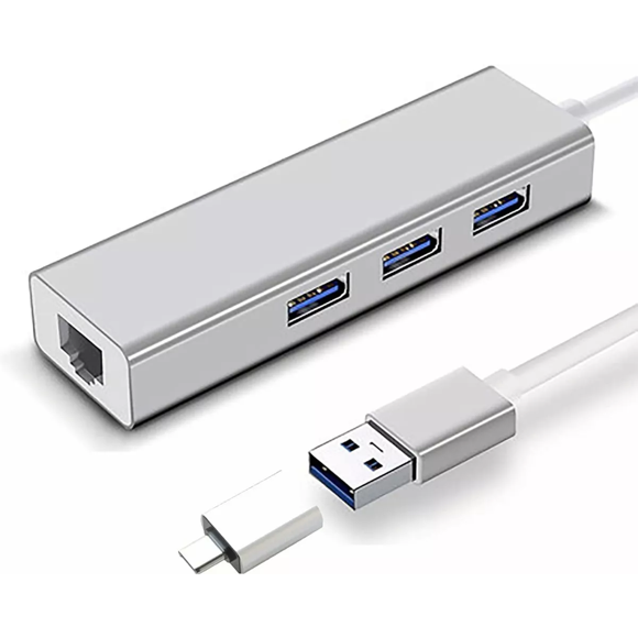 Adaptador Hub Ethernet Rj45 Red Lan Usb C 3 Usb3.0 Gris