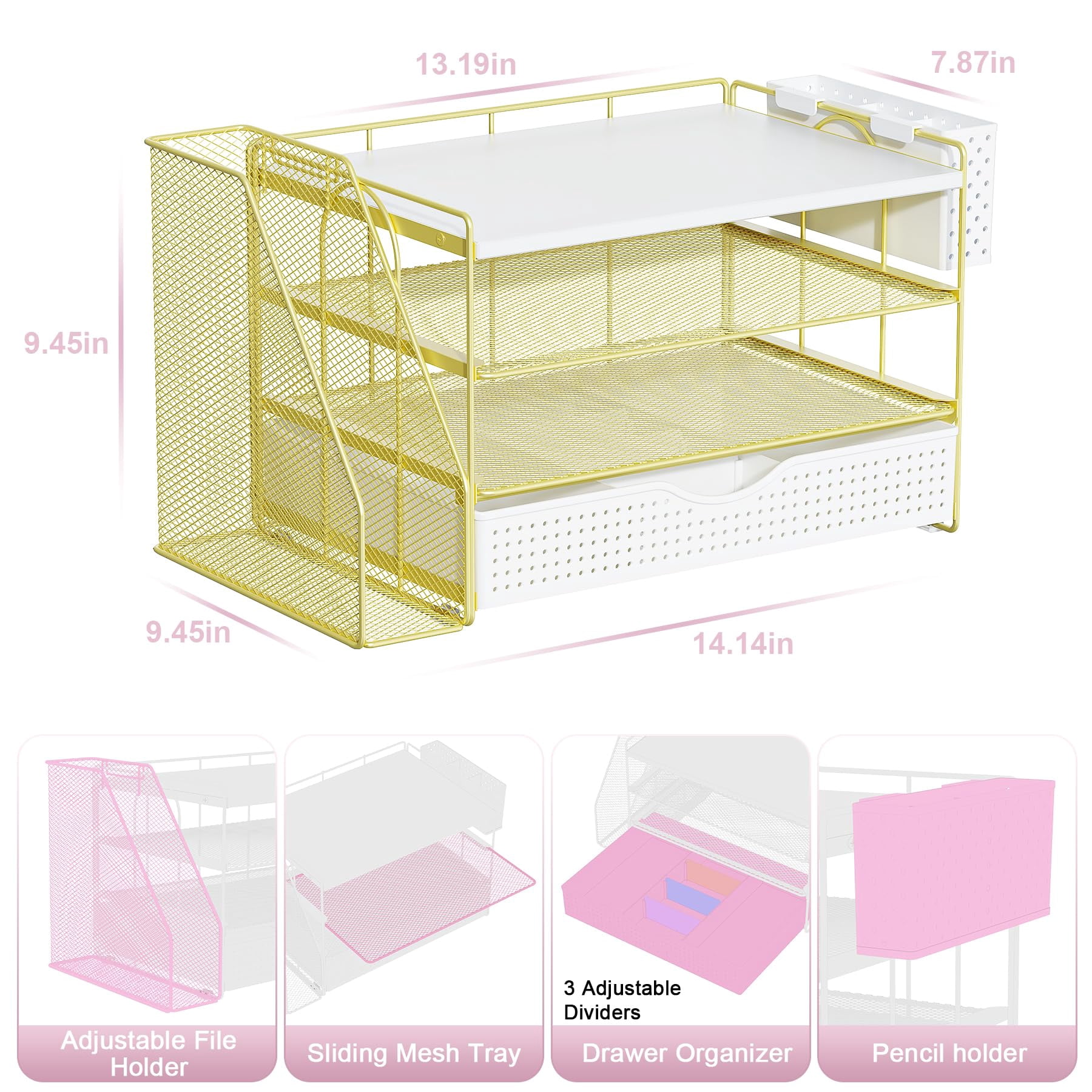 Wood Desk Organizers And Accessories With File Holder  4-tier & Workspace Drawer Pen Paper Organizer For Office Supplies (gold)