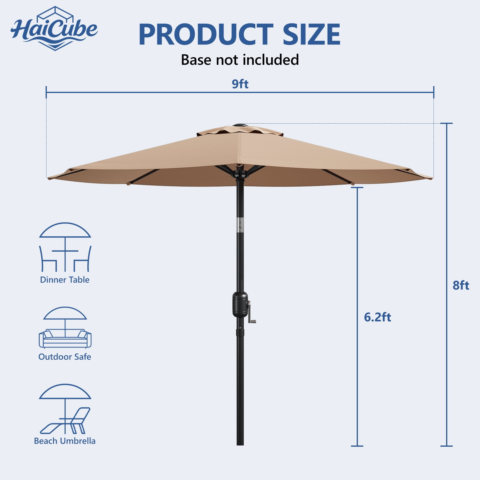 HaiCube 9FT Patio Umbrella -Acrylic Fabric, 10-Year Fade-Resistant, 1.5" Heavy Duty Steel Pole, 8 Ribs, Push Button Tilt & Crank, UV Block for Garden Deck Pool, Khaki