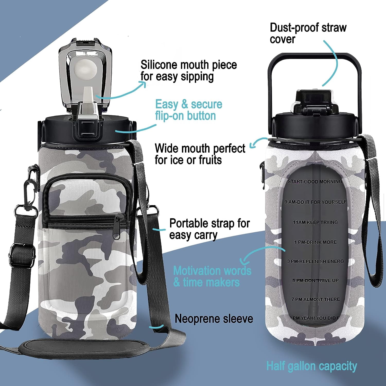 Camouflage Half Gallon Water Bottle with Sleeve 1/2 Gallon Water Bottle 64 Oz Water Bottle with Time Marker, Motivational Water Bottle Half Gallon Water Bottle with Straw for Women Gym Yoga Pregnance