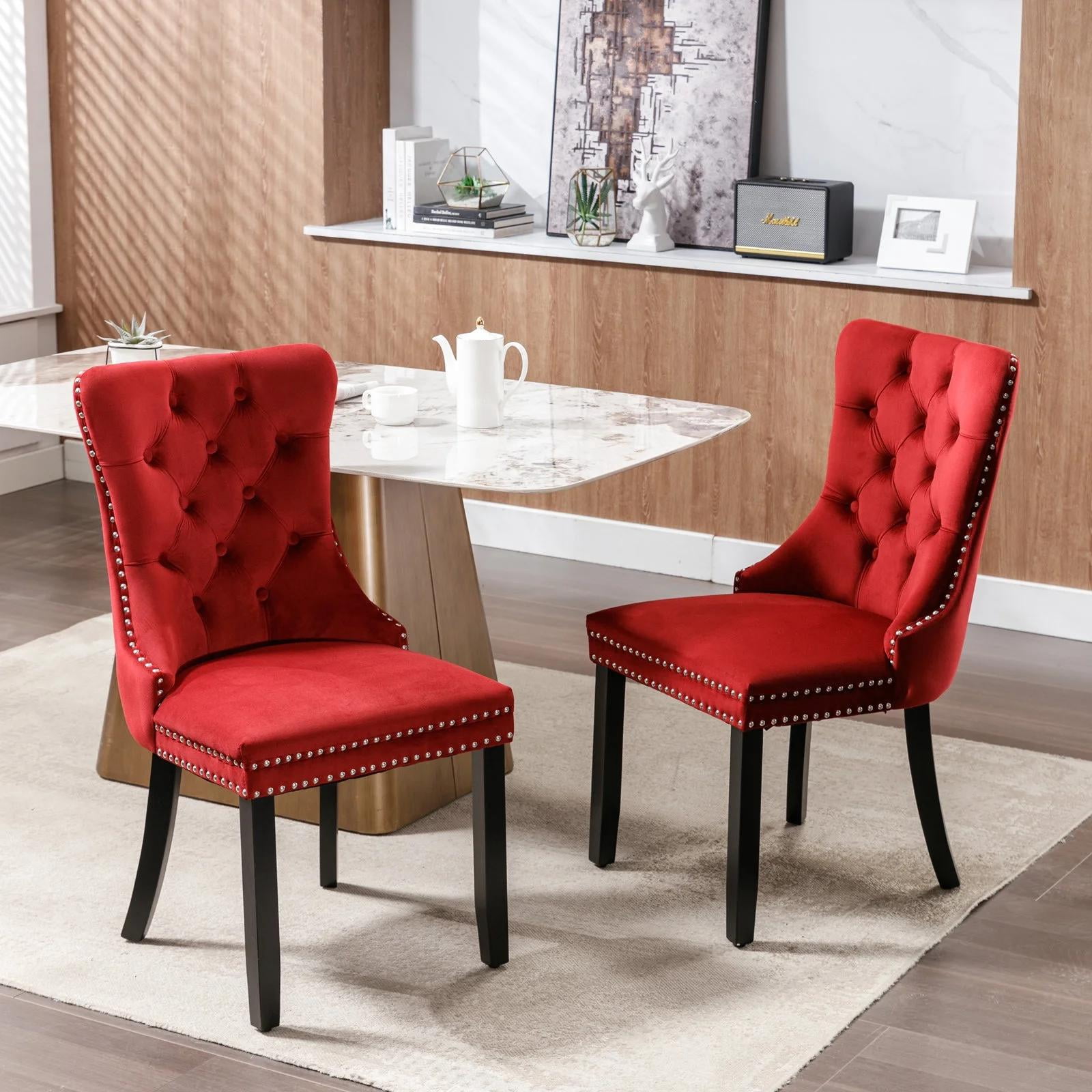 Dining Chairs Set of 2, Upholstered High-End Tufted Dining Room Chair with Back Ring and Nailhead Trim, Modern Velvet Kitchen Chairs with Solid Wood Legs for Kitchen, Home,Wine