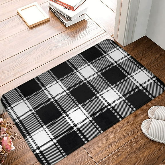 Front Door Mat Indoor Outdoor Outside Entrance - 16*24in Washable Buffalo Check Plaid White Black Thin Bathroom Rugs Fit Under Door, Bath Rugs for Bathroom, Kitchen Rugs Mats for Floor