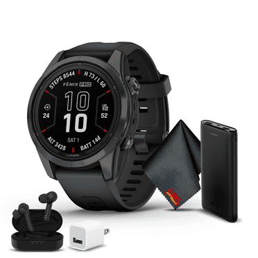 Garmin Fenix 7S Pro Sapphire Solar Edition GPS Smartwatch Built-in Flashlight And Power Sapphire Solar Charging Lens And Advanced Training Features With Carbon Gray DLC Titanium, Black Band 42 Mm