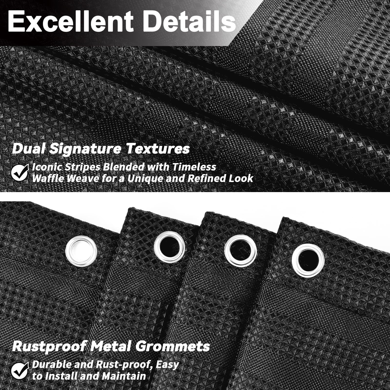 FRAMICS Heavy-Duty Waffle Weave Shower Curtain Sets with Rug, 14-Piece Striped Fabric Bathroom Sets with Hooks, Hotel Grade, Waterproof & Washable, Black, 71.3" x 71.3"
