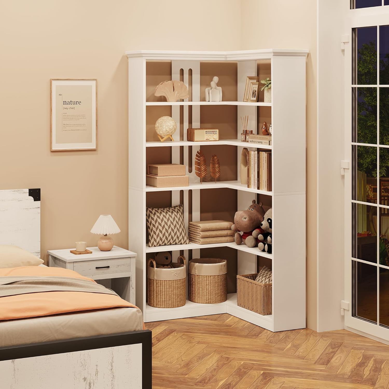 NEILA Farmhouse Corner Bookshelf – 72.8” Tall L-Shaped Bookcase with 5 Tiers, Wood Display Rack for Office and Bedroom, Half Panel Design in White