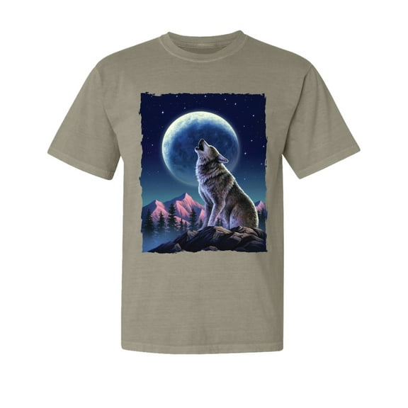 Wild Bobby, Full Moon Snow Wolf Howling, Animal Lover, Garment-Dyed Washed Look Short Sleeve T-Shirt, Sand, Large