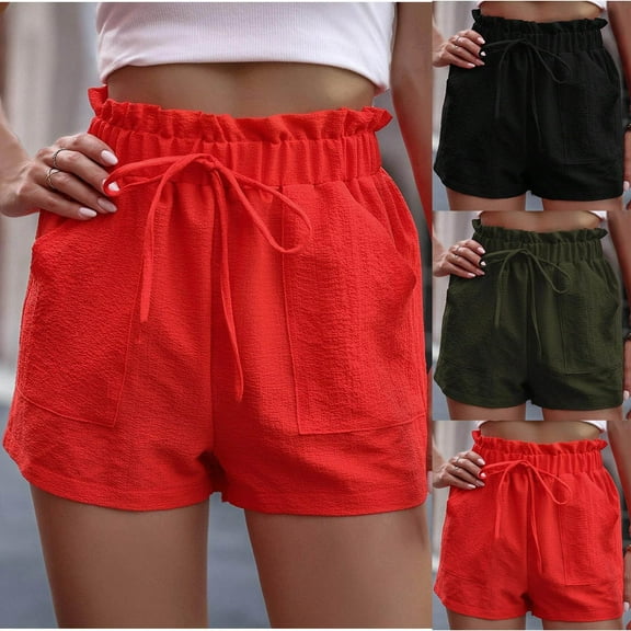 USSUMA Running Shorts for Women Solid Color Drawstring Elastic Mid Waist Loose BreAthable Straight Lounging with Pocket Comfortable Shorts Loose Fit Womens Shorts for Clubs Army Green L