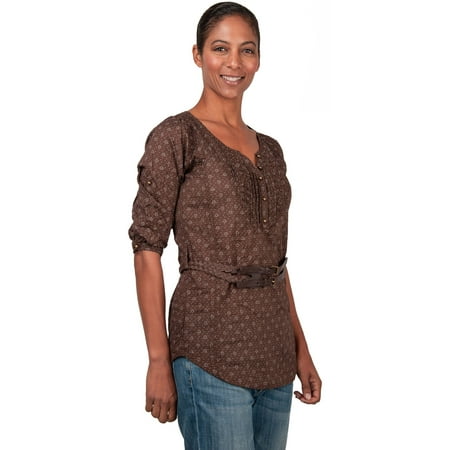 S&P Junior Women's Y-Neck Brown Woven Printed Tunic Blouse Shirt 3/4 Sleeve Fashion