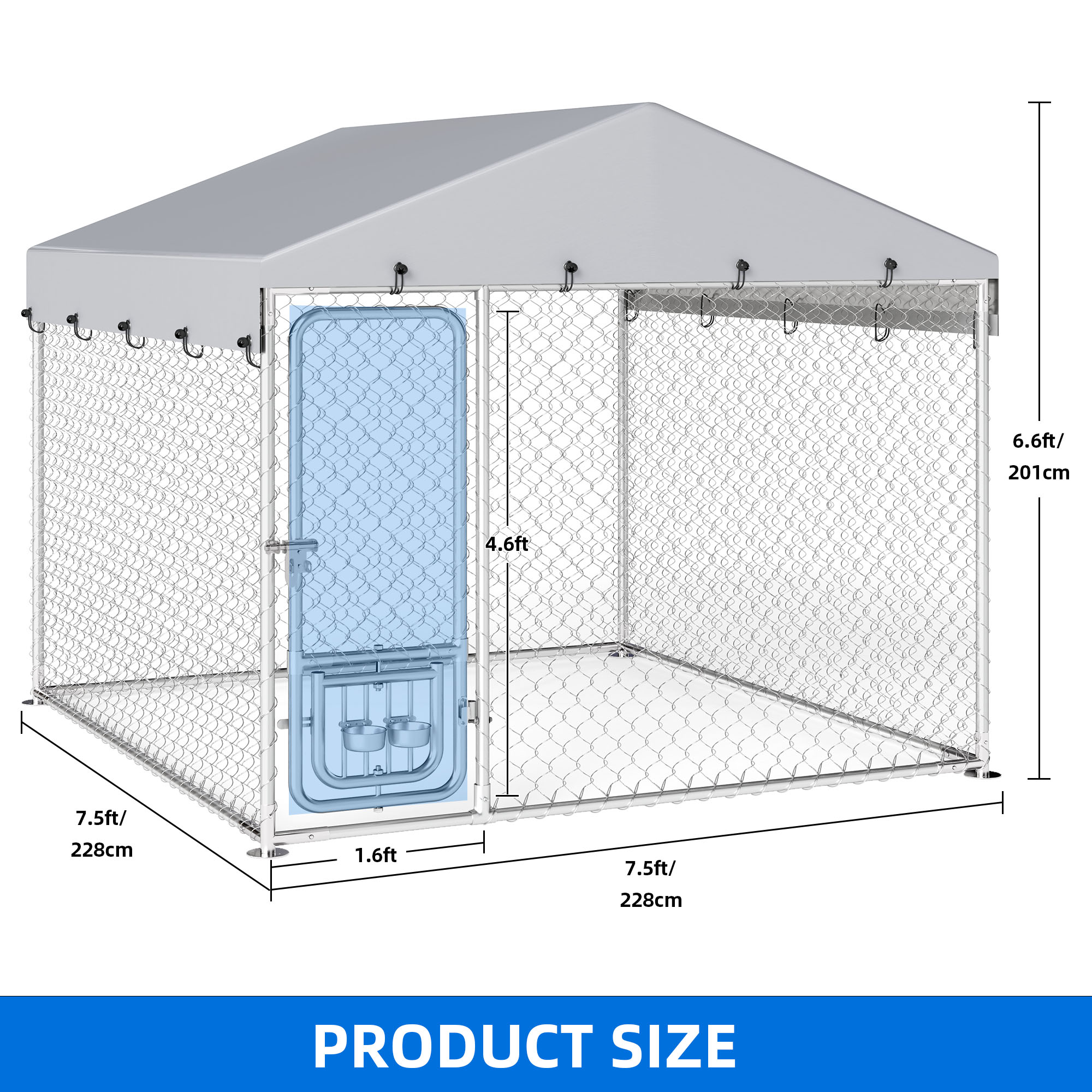 Dextrus 7.5'x7.5' Outdoor Dog Kennel, Outdoor Dog Enclosure with Rotating Feeder Bowls & Roof, Heavy Duty Dog Kennel for Backyard Farm