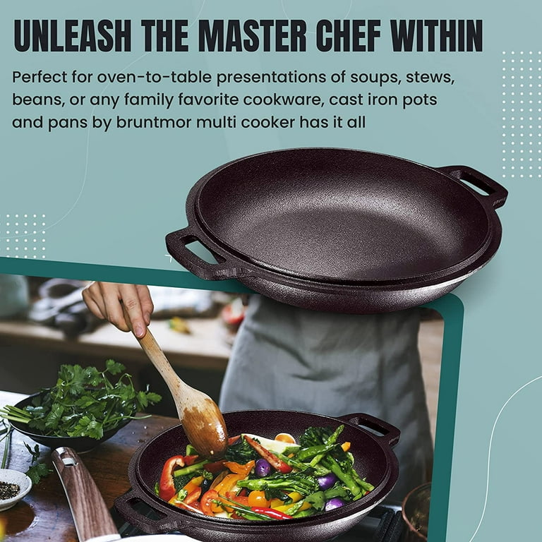 Bruntmor 2-in-1 Pre-Seasoned Cast Iron Dutch Oven With Handles - Crock Pot  Black Cast Iron pot with Skillet lid - All-in-One Cookware Braising Pan for