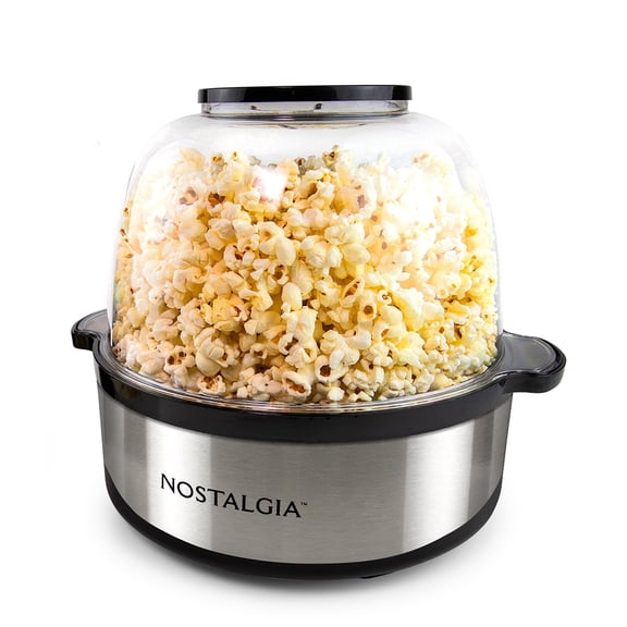 Nostalgia 6 qt Countertop Popcorn Machine, Stainless Steel Stirring Popcorn Popper with Vented Lid, Silver