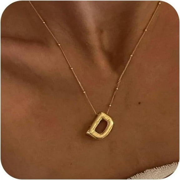 Gold Bubble Letter Necklace For Women, 14K Gold Plated Balloon Initial Letter Pendant Necklace Dainty Charm Initial Necklaces For Women Trendy Chunky Custom Name Necklace Gold Jewelry For Wo[Z1776]