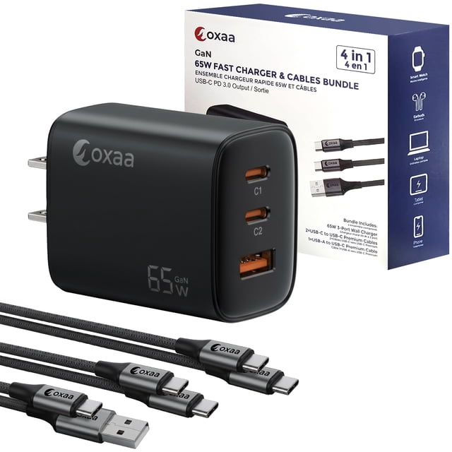 OXAA 65W USB GaN Fast Charger Kit with 2 C & 1 A PD 3.0 ports for iOS & Android – Includes 2 USB-C Cables + 1 USB-A to C Cable for iOS & Android Devices, Laptops & Tablets