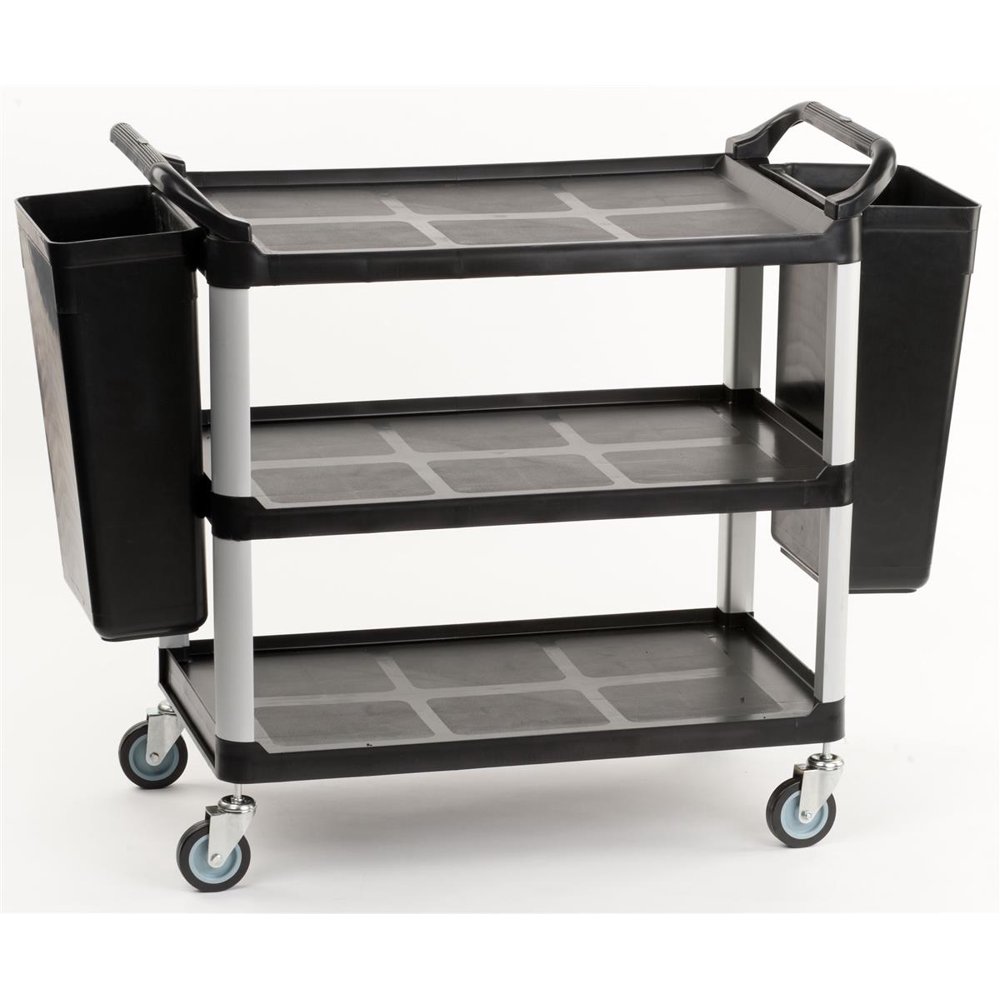 3Tiered Bus Cart with 2 Rubbish Bin Attachments, 2 Side Handles and Swiveling Wheels, Aluminum