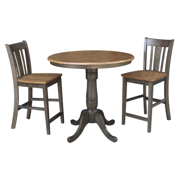 36" Round Wood Counter Height Table With 2 Stools in Hickory/Washed Coal