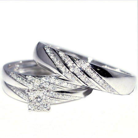 His and Her Trio Wedding Rings Set 1/3cttw 10K White Gold 