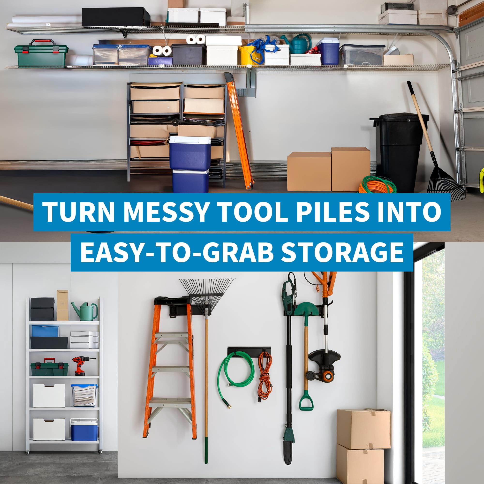 Precision Defined Garage Organizer Wall Mount (48 Inches), Heavy-Duty Tool Racks and Tool Hanger for Shovel and Rake, Garden Organizer with Hangers for Garage Organization, Metal Hanging Rack