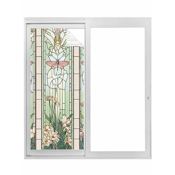 Butterfly Flowers Window Privacy Film, Vintage Stained Glass Green Spring Static Cling UV Sun Blocking Tint Film Heat Control Windows Films for Bedroom Bathroom, Window Stickers 29.5"x78.7"