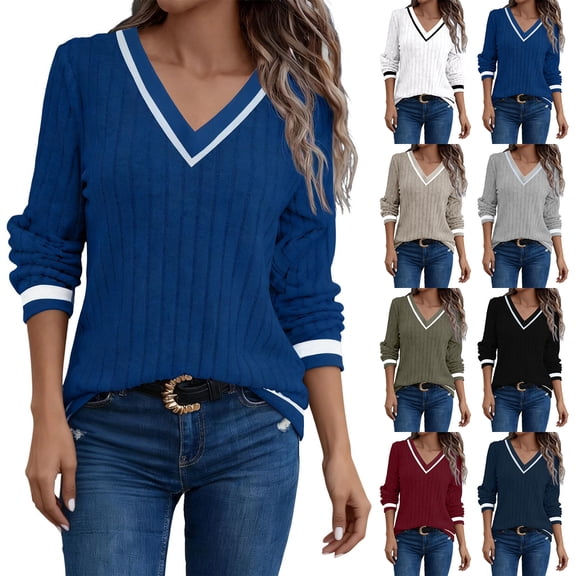 AKOEE Knit Sweaters for Women Colorblock V Neck Lightweight Casual Pullover Long Sleeve Fall Spring Fashion (XL, Blue)