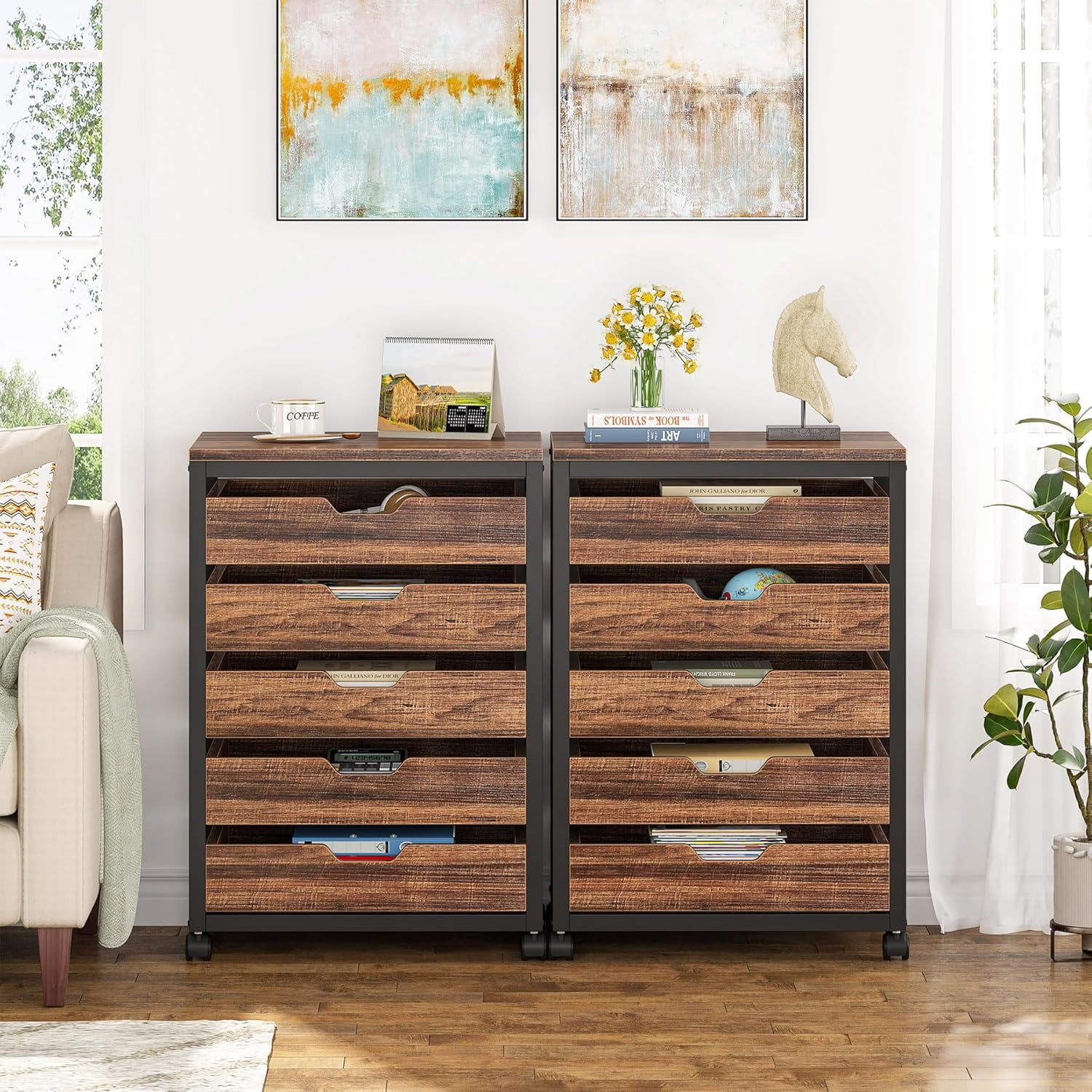 PurelyGoods 5-Drawer File Cabinet, Wood Mobile Storage Drawer Unit, Industrial Office Cabinet with Drawers & Wheels, Rolling Printer Stand for Home Office (Rustic Brown)