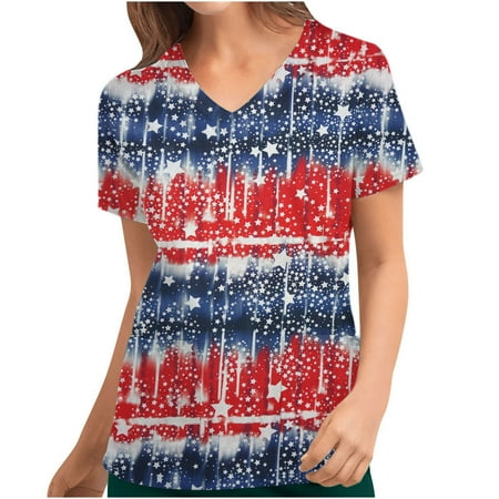 

4th of July Shirts for Women Summer Vintage American Flag Print Short Sleeve V Neck Scrubs Tops Nurse Working Uniforms with Pockets