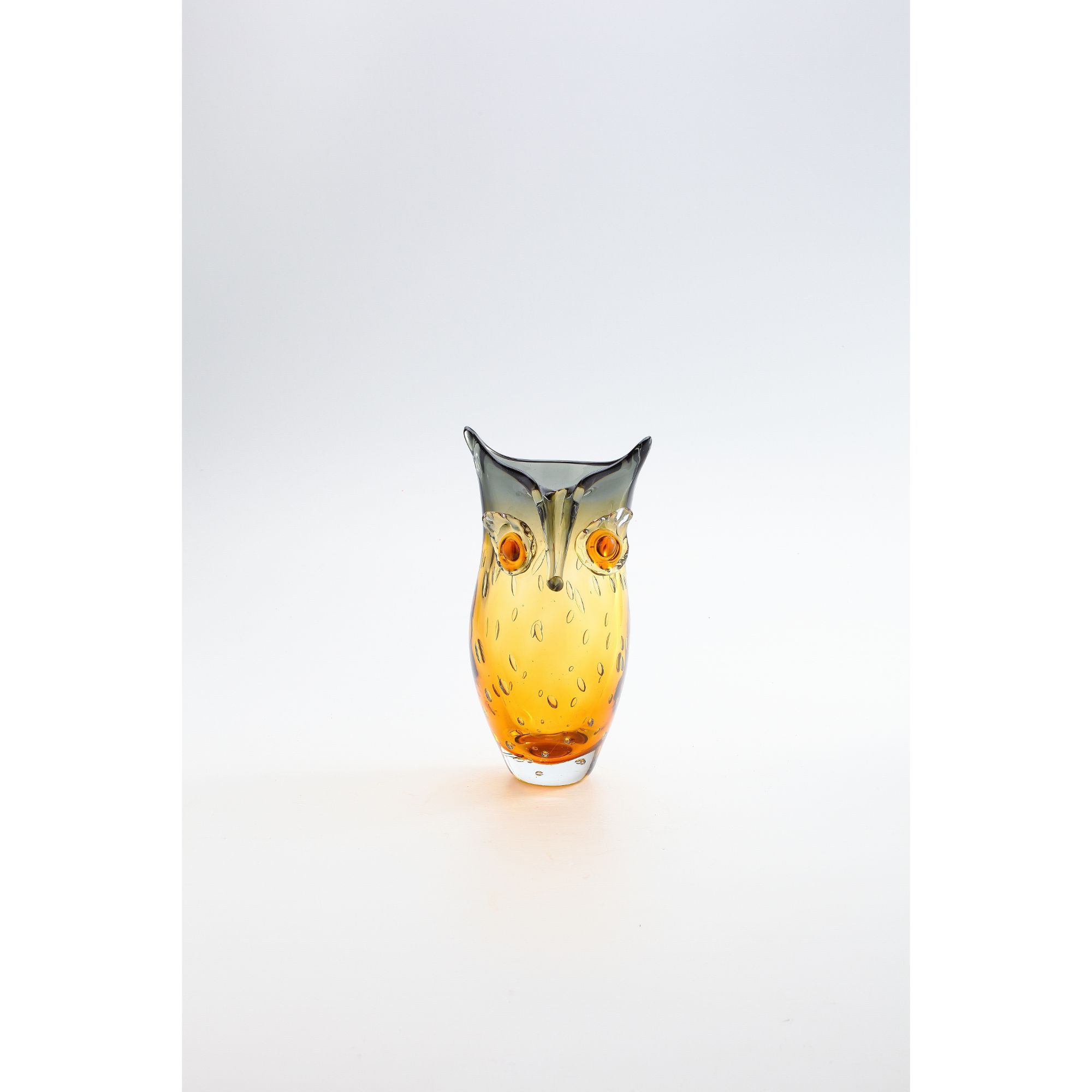 10" Gray and Amber Handblown Tabletop Glass Owl Vase