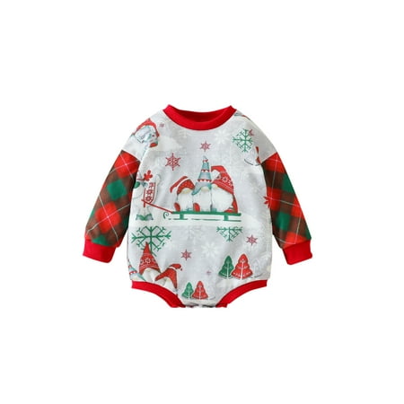 

Huakaishijie Kids Baby Christmas Romper Long Sleeves Cartoon Faceless Doll Snowflake Print Jumpsuit