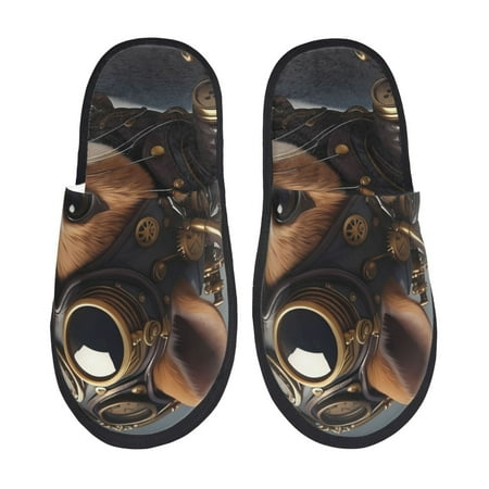 

Qekee Steampunk Squirrel Pilot print Slippers for Women and Men Fluffy Cute Cozy House Slipper Funny Furry Bedroom Slippers for Women Indoor -Large