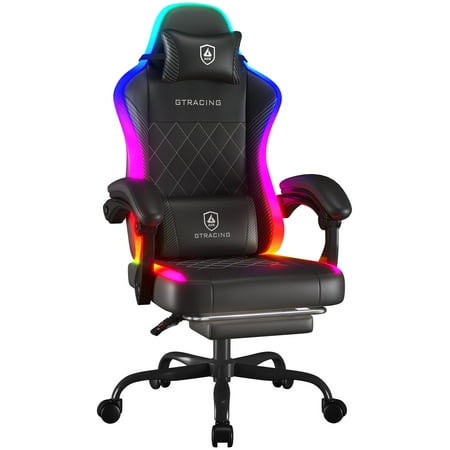 GTRACING RGB Ergonomic Gaming Chair with Massage, LED Lights, Footrest, Lumbar Support and Backrest, Black