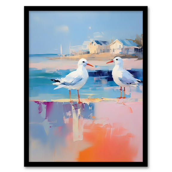 Seagull Birds Oil Painting Pastel Colour Pink Blue Orange Coastal Landscape Bathroom Artwork Art Print Framed Poster Wall Decor 12x16 inch