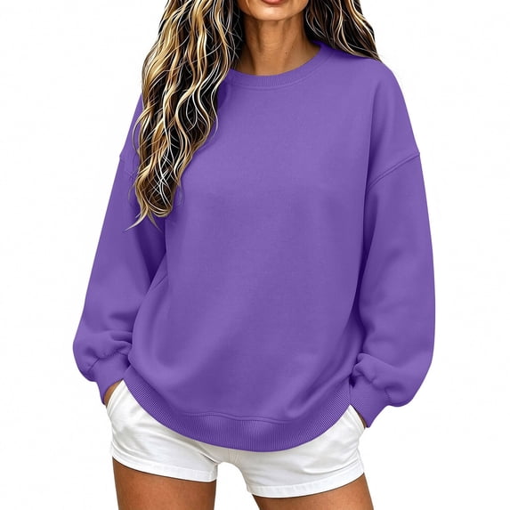 BaoFuBaoMei Crew Neck Sweatshirt Women Plus Size Long Sleeve Ribbed Trim Pullover Tops Solid Drop Shoulder Fall Winter Outfit